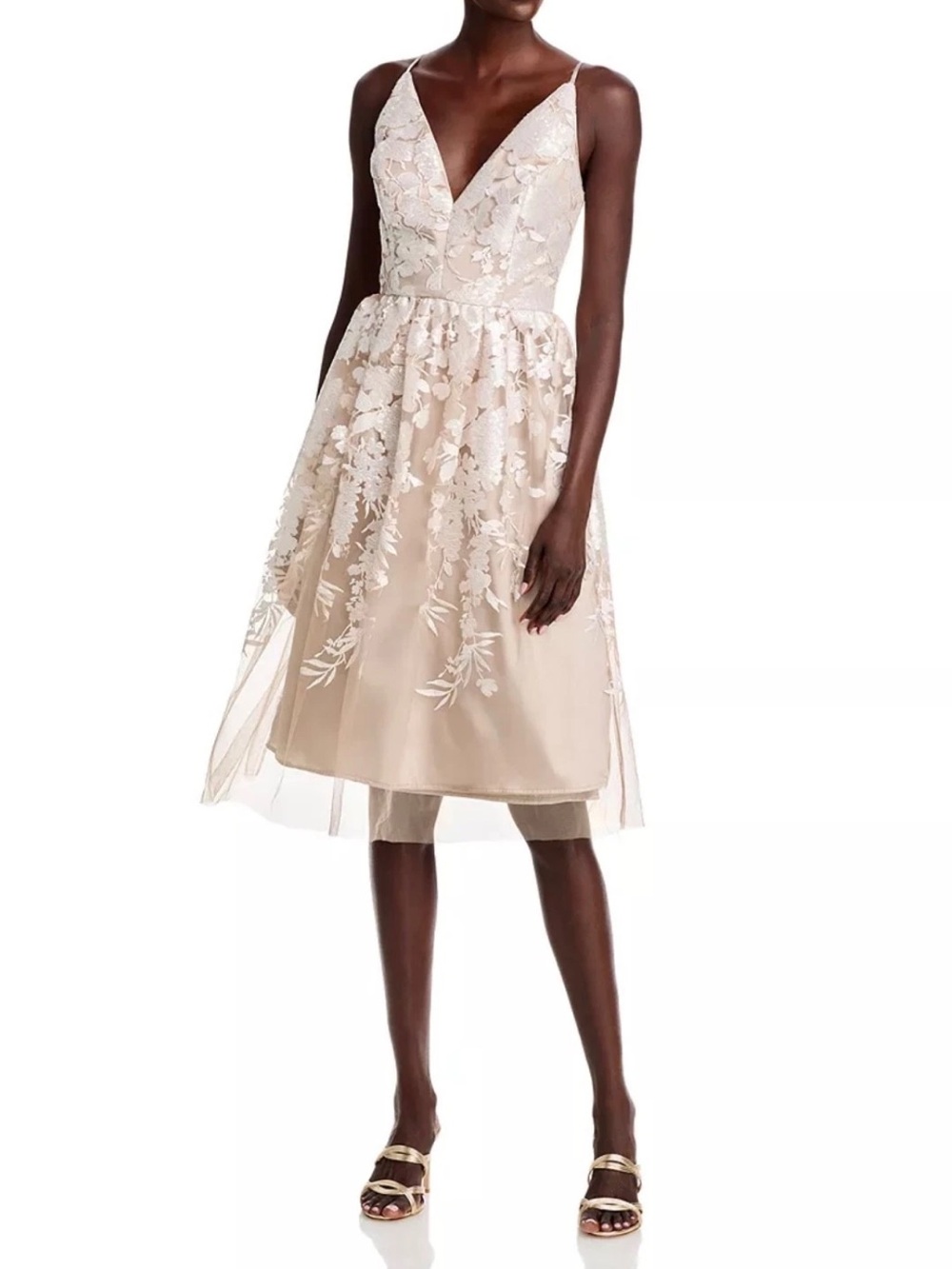 Eliza J Taupe Floral Lace Midi Dress Spaghetti Strap V-Neck Size 12 NWT $250